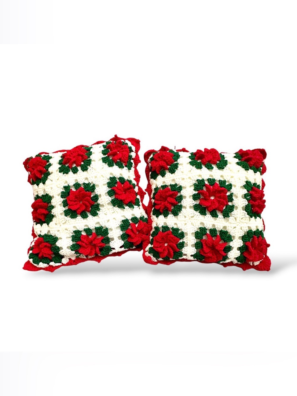 Vintage Handmade Crochet Christmas Poinsettia Granny Square Throw Pillows - Set